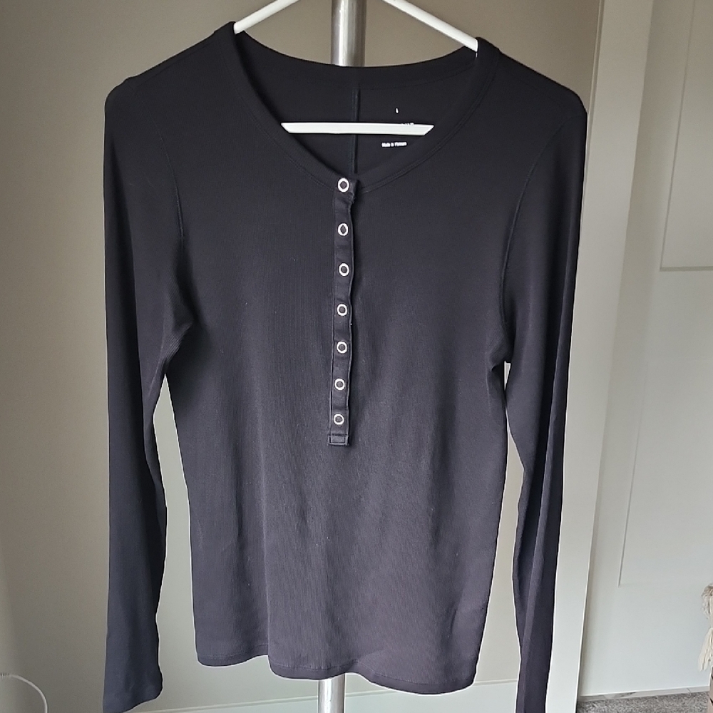 Everlane Pima Cotton Ribbed Henley Black Size Large